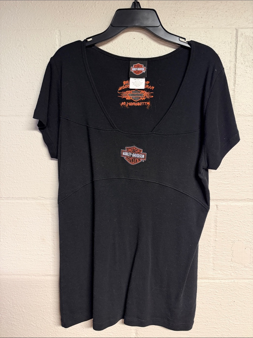 Harley-Davidson Black Short Sleeve V-Neck Tee with Orange Logo